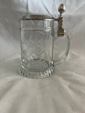 VTG Stein With Floral/Leaf Pattern And Clear Glass Body With Pewter Lid 6 In picture