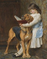 Girl Teaching a BLOODHOUND dog to READ - 1890s Art - 8 x 10 In Print picture