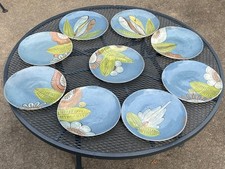 Vintage Mexican Pottery Tonala Plates Set Blue Floral Design 10 1/2