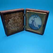 Antique 1850s 1/9 Plate Ambrotype Photo Hand Tinted Woman Leather Book Case picture