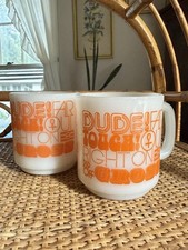 Pair Vintage Glasbake Milk Glass Orange Dude Far Out Right On Coffee Mugs MCM picture
