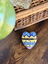 Vintage Hand-Painted Enamel Heart Trinket Box Hinged Blue Yellow Pink Floral PHB picture