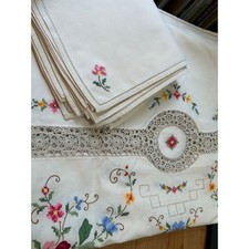 VTG Large Hand Embroidery Floral Linen-Cotton Tablecloth 12 Napkin Set Unused picture