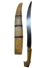 Vintage Philippines Talibong Barang Bolo Moro Knife Curved Blade w/WOOD SHEATH picture