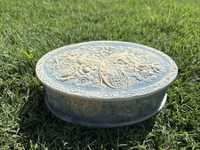 Vintage Genuine Incolay Stone Birds Peacock Teal Cream Jewelry Box Trinket 10.5” picture