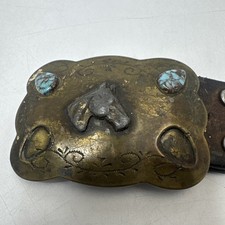Vintage Hand Crafted Western Belt Buckle Horseshoe Saddle Faux Turquoise Stones  picture