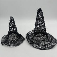 2- Vintage Black Mesh Abaca Witch Hat 6” And 7” Halloween Decoration picture