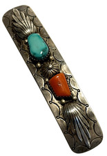 VINTAGE LULA MAE STAGO NAVAJO STERLING SILVER TURQUOISE CORAL BARRETTE picture