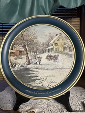 Vintage Currier & Ives American Homestead Winter Decorative Tin W/lid 9.75”D picture
