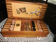 Vtg Wooden Sewing Box Inlaid Wood Kit w/ Antique Notions Scissors Spools 1930s picture