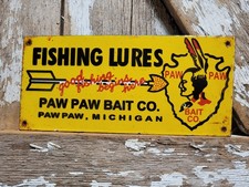 VINTAGE PAW PAW BAIT PORCELAIN SIGN FISHING LURES TACKLE SHOP MICHIGAN ARROWHEAD picture
