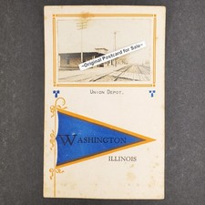 c.1913 Postcard, Washington Illinois, Union Railroad Train Depot peoria picture
