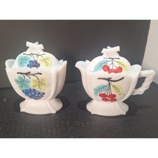 Vintage Westmoreland Milk Glass Jam Jelly Jar Set Grape Cherry Lids MCM- Mint picture