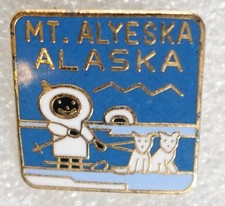 Mt. Alyeska Alaska Pinback Button Eskimo Dog Sled Square 1980 pin picture