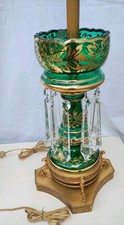 Antique European Bohemian Art Czech Green Brass Glass Lusters Lamp Vase 36