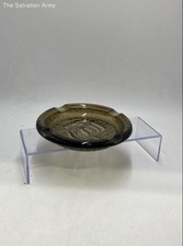 Vintage Smokey Brown Dark Amber Glass Embossed Desert Flower Tulip Motif Ashtray picture