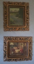 Pair Vintage Miniature Framed Art Prints Ornate Carved Wood Frames... picture
