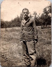 Vintage 1940s-50s Photo Young Man Denim Jacket Field Orchard Farm Worker picture
