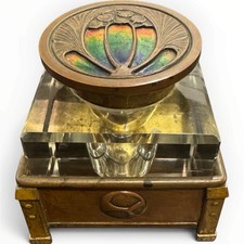 Unusual Antique Arts & Crafts Copper & Enamel Inkwell w/ Glass Insert picture