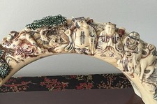 Carved ancient story Monkey King Figurine Ivory-Tone bridge on base n box signed picture