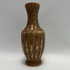 Vintage Zhejiang Chinese Woven Bamboo Rattan Vase Mottled Speckled Decor 1970s picture