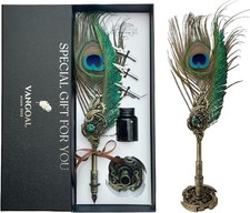 Peacock Feather Quill Pen Ink Set Vintage Calligraphy Writing Gift Box picture