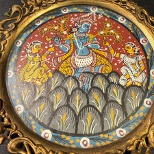 Vintage Hand Painted Indian Miniature Lord Krishna Flute Art Ornate Gold Frame picture