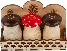 Wooden Salt & Pepper Shakers - In The Shape of a Brown & Red Mushroom - Home Dec picture