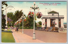 c1940s Victoria BC Canada Flower Baskets CPR Building Inner Harbour Postcard picture