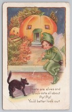 Pip Pip 1912 Jack O' Lantern House Elf & Black Cat Halloween Post Card Whitney picture