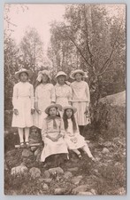Vintage RPPC Six Girls & Hats Outdoor Portrait Photo Postcard Early 1900s picture