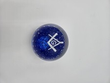 Vintage Cobalt Blue w/Bubbles Masonic Symbol Clear Glass Paperweight B14 picture
