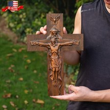 12 inch Antique Wooden Hand Carved Church Wall Crucifix Cross Jesus Christ Gift picture