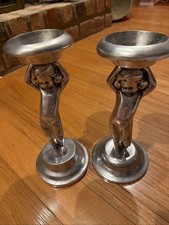 Vintage Chrome Plated White Metal 1930s StyleArt Deco Pillar Candle Holders Pair picture