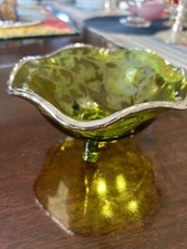 Vintage MCM Green Silver City Flanders Three Footed Glass Bowl  picture