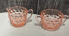 Vintage Jeannette Pink Cube Cubist Pattern Glass Creamer Dish & Cup picture
