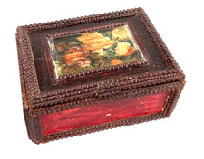 Tramp FolkArt Carved Wooden Box,  Red w/Floral Appliqué 9 3/4