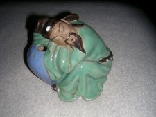 Oriental Asian Ceramic Pottery Brown Clay Mud Man Figurine Napping on Basket picture