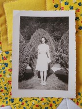 VTG B&W Snapshot Photo 1940s Beautiful Woman White Dress Garden Outdoor Portrait picture