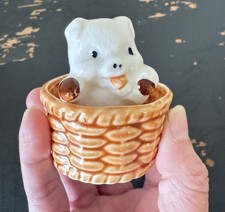 Vintage Porcelain Pig in Basket Figurine Trinket Holder – Made in Taiwan picture