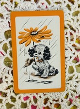 Vintage Linen Playing Card Single Swap – Rainy Day Dog – Orange – 1940s-1 Card picture