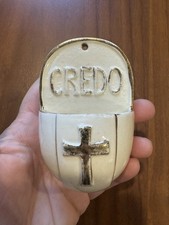 Holy Water Font Wall Mounted Christian Cross CREDO Vintage Ceramic picture