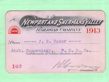 1913 NEWPORT SHERMAN'S VALLEY  LOW # 102  RAILROAD RR RWY RY RAILWAY PASS picture