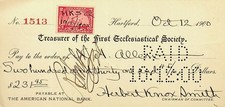 1900 First Ecclesiastical Society Cancelled Check/2 Cent Documentary Stamp-E12-F picture