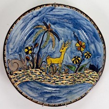 Vintage 1920/30's Tlaquepaque Mexican Washy Blue Pottery Deer Plate picture