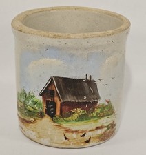 Vintage Crock Hand Painted Red Barn Chickens Farm Scene 5