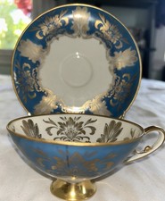 Alka Kunst West Germany Footed Cup & Saucer 22k Label Artist Mrk/House  Mrk/VTG picture