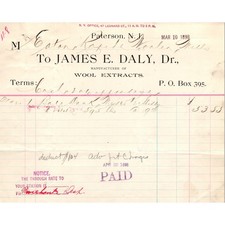 1898 James E. Daly Wool Extracts Paterson NJ Billhead Letterhead D17 picture
