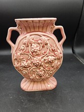 VTG. Ceramic Pottery 2-handled Vase Pink w/Grape Pattern Germany picture