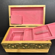 MCM Antique Style Wooden Jewelry Box Brass Leaf Filigree Musical one of kind picture